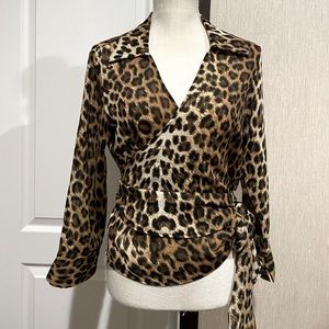 Leopard Print Sheer Wrap Around Blouse